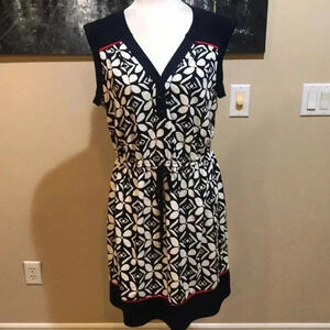 EN Focus Studio Dress Cap Sleeves Elastic Waist Tie Floral Red/White/Blue- 14